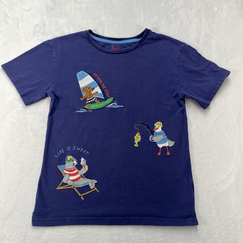 Mini Boden Applique Shirt Boys 8-9Y Beach Animals Embroidered Cotton